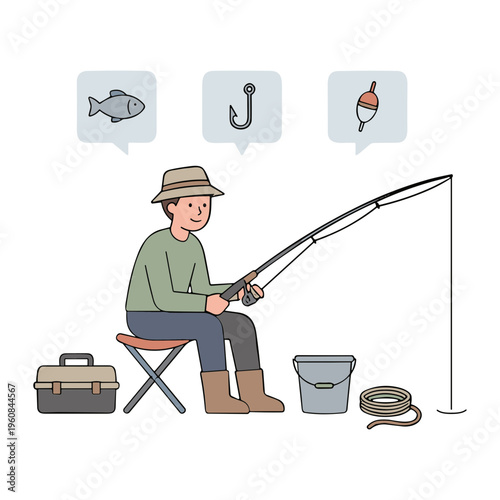 Man fishing with rod and bucket on a chair outdoors by water