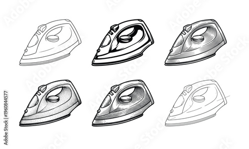 A set of six electric iron illustrations in various hand-drawn styles. Includes line art, hatching, and stippling. Perfect for icons, logos, or retro household designs.