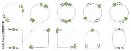 Set of Floral Line Frame with Minimalist Botanical Leaves and Floral Accents