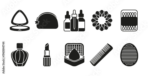 A minimalist set of black glyph icons representing cosmetics, beauty, and skincare products. Vector collection for web design, apps, and branding in the beauty industry.