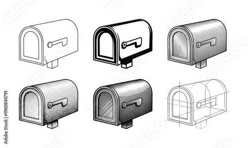 Set of six mailbox icons in various vintage art styles. Black and white vector illustrations for communication, postal service, or graphic design projects.