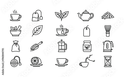 A set of tea icons for brewing. Includes teapot, cup, leaf, and kettle. Minimalist line art vector illustration for cafe menus, websites, or packaging design.
