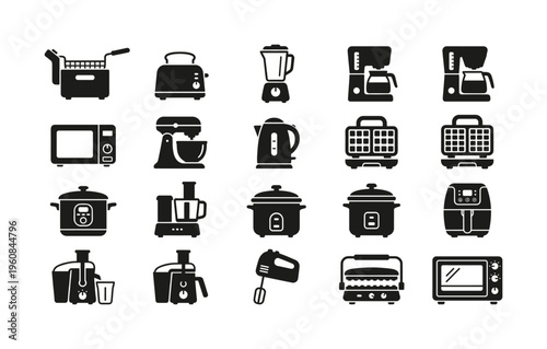 Set of black kitchen appliance icons. Includes microwave, toaster, blender, coffee maker. Perfect for web design, infographics, and culinary blogs. Vector illustration.