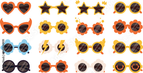 Cute colorful sunglasses collection with fun shapes and decorative frames, playful summer eyewear designs vector illustration set for kids fashion and accessories