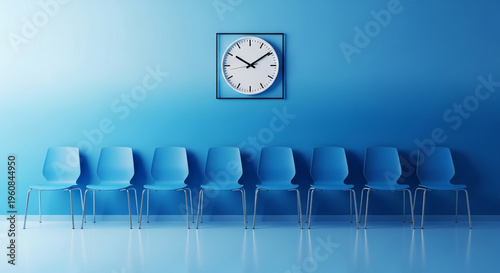 Empty modern waiting room with turquoise chairs and wall clock in soft lighting