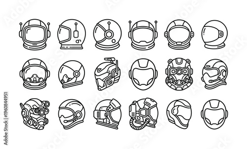 A versatile set of astronaut and futuristic sci-fi helmet icons. Minimalist black line art perfect for technology, space exploration, and science fiction design projects.