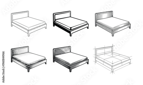 A vector set of six bed furniture illustrations. Shows different graphic styles from line art and sketch to engraving and stippling. For design, icon, or interior concepts.