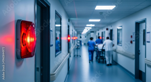 Emergency hospital corridor with red alarm lights and medical staff in blue scrubs