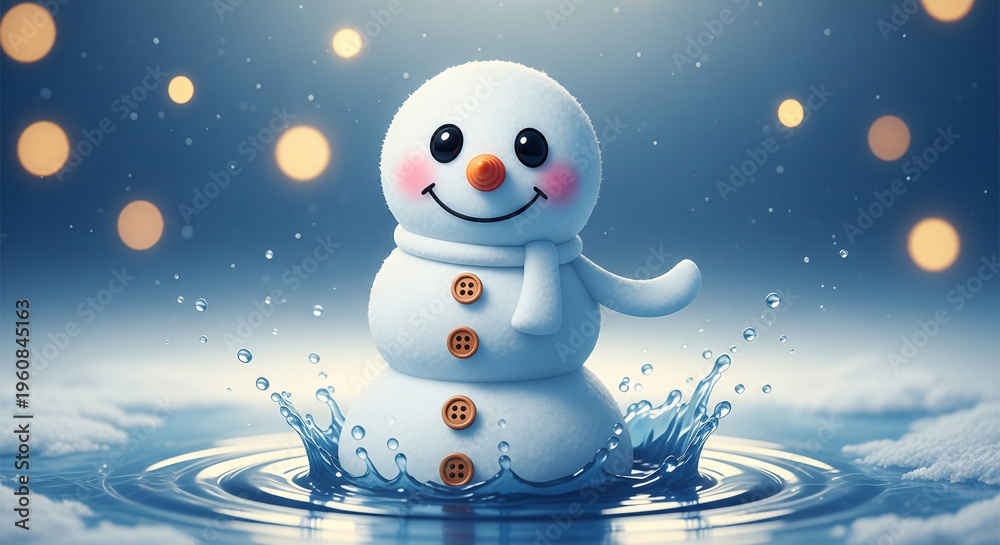 Obraz premium 3d snowman character splashing in icy water with festive bokeh lights
