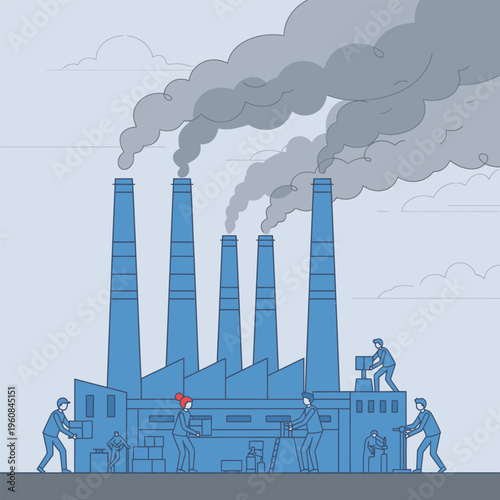 Industrial Factory with Smokestacks and Workers.