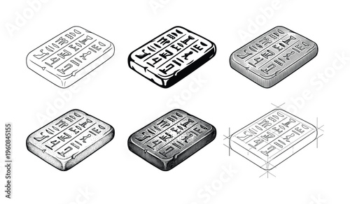 A vector set of ancient Egyptian tablets with hieroglyphs. The collection shows six different isometric art styles, including line art, engraving, and stippling for design.