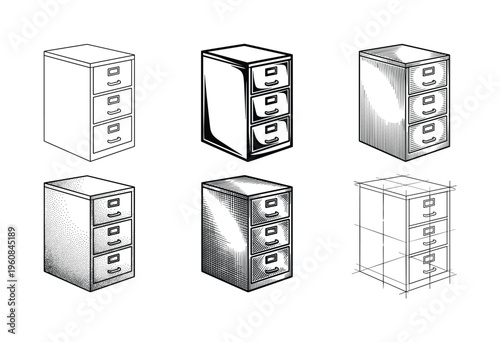 Vector set of hand drawn file cabinet icons. Collection features various styles like engraving, sketch, and stippling for office, archive, and organization concepts.