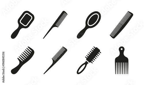 A set of black hair comb and brush icons. Minimalist vector illustration for a barbershop, hair salon, beauty-related websites, or graphic design projects.