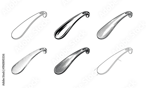 A vector set of six shoehorn illustrations in various vintage styles like engraving and line art. Perfect for icons, shoe store branding, or classic footwear design elements.