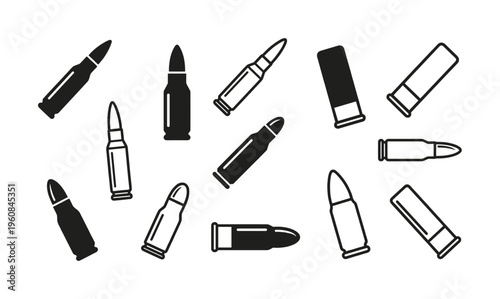 Minimalist weapon ammo icon set. Features various bullet and shotgun shell silhouettes and outlines. For military, crime, or security concepts.