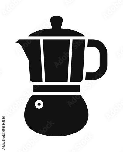 A simple black glyph icon of a classic Italian moka pot for coffee or espresso. Minimalist vector graphic symbol for a cafe, menu, or beverage-related design.
