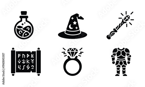 Set of black fantasy RPG glyph icons. Includes wizard hat, magic wand, potion, ancient scroll, ring, and knight armor. Perfect for game UI, apps, and fantasy projects.