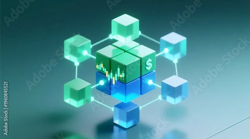 Visualizing financial market stability with floating 3D cubes and network nodes on sleek green-blue background representing investment management and balanced portfolios