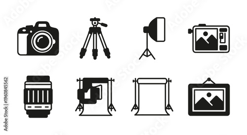Set of black vector icons for photography and studio equipment. Includes camera, lens, tripod, and light. Minimalist design for web, app, or graphic use.