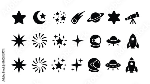 A minimal vector icon set of celestial and space objects. Includes star, moon, planet, rocket, and UFO. Perfect for web design, apps, and educational graphics.