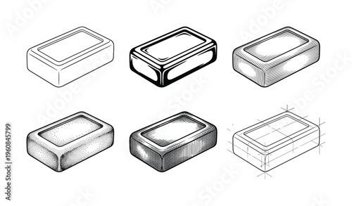 A vector set of six soap bar illustrations. Features various hand drawn styles like engraving, stippling, and line art. Perfect for vintage packaging, branding, and icons.