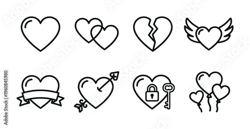 A collection of love icons for Valentine's Day. A versatile set of vector symbols including broken heart, wings, arrow and lock for graphic design.
