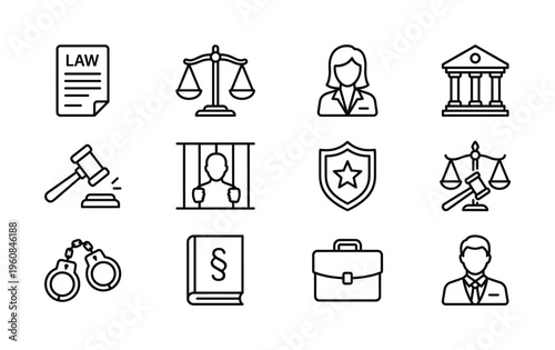 Set of black outline icons for law, justice, and legal services. Includes symbols like gavel, scales, courthouse, and lawyer. Perfect for web design, apps, and infographics.