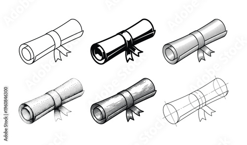 Set of rolled diploma vector icons. Graduation certificate illustrations in various graphic styles: line art, engraving, stipple, and technical drawing. For education or achievement.