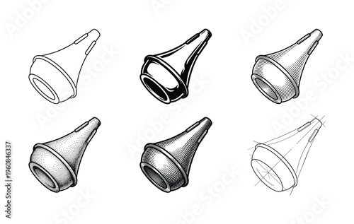 A set of six vintage horn vector illustrations. Includes line art, engraving, stippling, and sketch styles. Ideal for retro design, logos, and classic car themed projects.