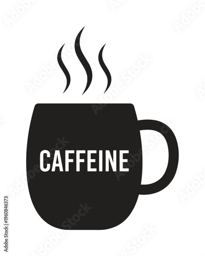 A simple black silhouette icon of a steaming coffee cup with the word CAFFEINE. A minimal vector graphic for coffee shops, menus, or articles about energy drinks and stimulants.