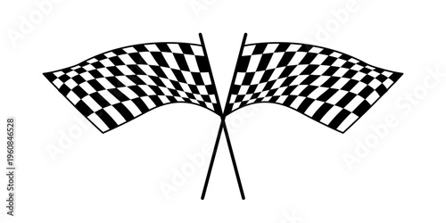 Two crossed race flags. Black and white checkered race flag symbol. Illustration on a white background, suitable for automotive themes, motorsports, competitions, speed, racing events.	
