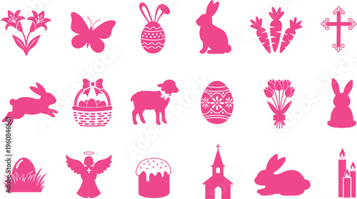 Easter and spring icon collection with bunny, angel, butterfly; candles; cakes; egg, flower, crosses, worship symbols, seasonal decor, and essential Easter elements. Sketch doodle set in flat style