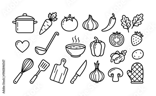 A set of cooking icons including fresh vegetables, kitchen utensils, and food. Perfect for recipe blogs, menus, or culinary design projects. Simple black outline vector style.