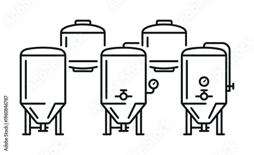 Set of beer brewing tanks and fermenters. Clean line art icons for craft brewery or factory production. Alcohol industry concept vector illustration for design and logo.