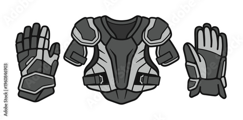 Vector illustration of a hockey protective gear set. Includes chest protector and gloves. Perfect for sports themes, athletic apparel, team emblems, and equipment design.