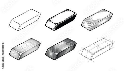 A collection of six gold bar vector illustrations in various styles, from simple outline to detailed engraving. Perfect for finance, investment, and wealth concepts.