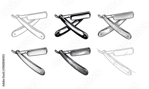 A set of six vintage straight razor illustrations for barbershops. Black and white graphic vector icons in different styles like engraving, line art, and stippling.