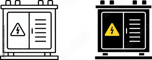 Electrical transformer box icon, power cabinet vector illustration, high voltage warning sign, electricity hazard symbol, industrial energy equipment, safety design, black outline, filled version