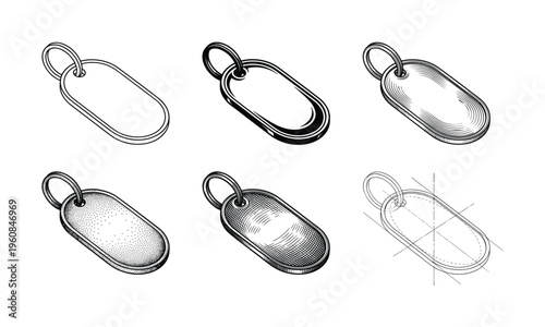 A set of dog tag or key fob vector illustrations. Six different styles including line art, hatching, stippling, and a technical drawing. Perfect for identity or logo design.
