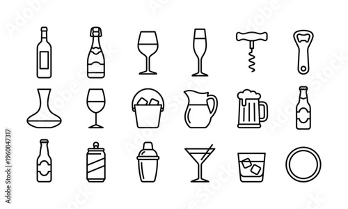 Set of black outline icons for alcoholic drinks and barware. Minimalist vector illustration for restaurant menus, websites, bar infographics, and mobile app design.