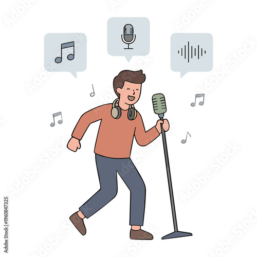 A man enthusiastically sings into a microphone while wearing headphones and surrounded by music notes and sound waves.