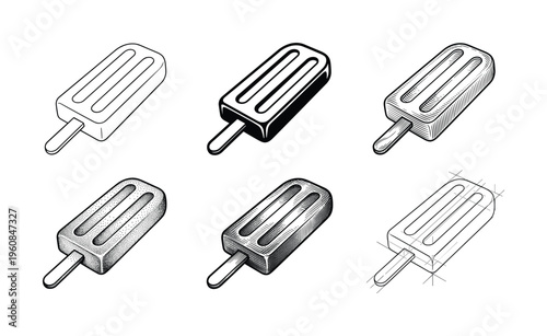 A set of six popsicle vector illustrations in various monochrome styles, including line art, engraving, stippling, and schematic drawing. Perfect for vintage food branding.