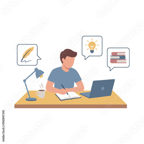 Man sitting at desk working on laptop with books and ideas