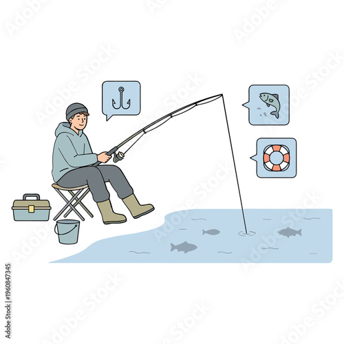 Man fishing on lake with thoughts on fish and safety