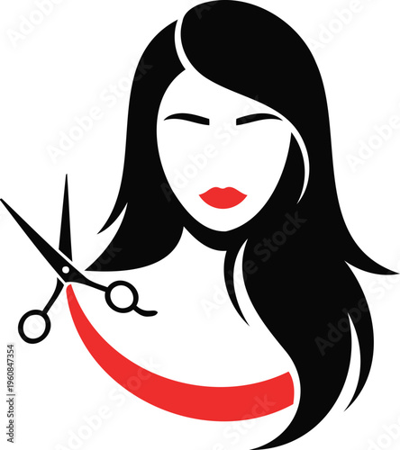 Woman with long hair and scissors cutting her hair  haircut concept  beauty icon