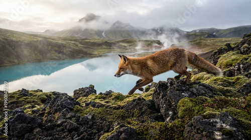 A red fox roaming through the volcanic landscapes