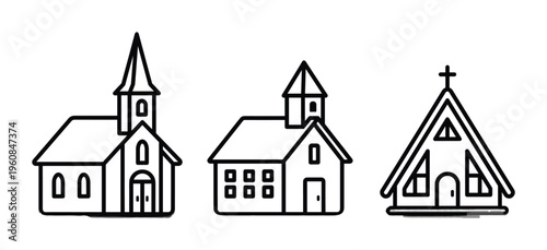 Set of three church building icons in a simple line art style. Includes different chapel designs for religious, community, or wedding projects. Vector illustration.
