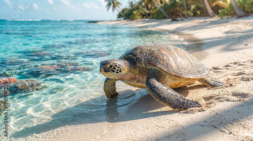 A sea turtle slowly crawling across a tropical island