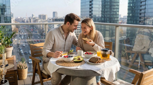 A young couple enjoying a healthy breakfast on the cozy balcony