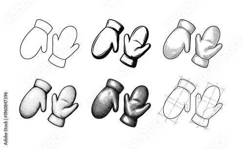 A collection of six pairs of winter mittens illustrated in different graphic techniques like engraving, stippling, line art, and blueprint. Vector set for design projects.